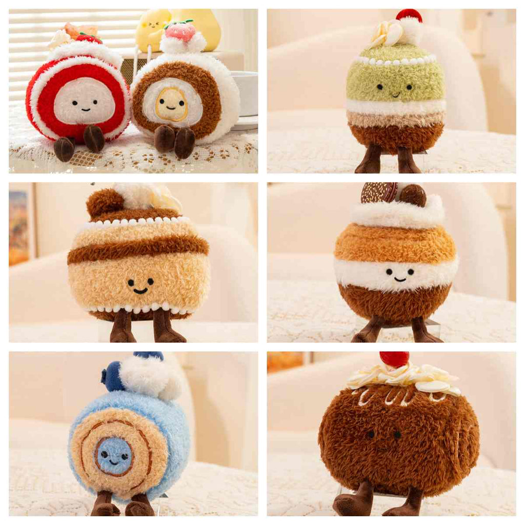 Wholesale kawaii pastry and cake plush assortment featuring swiss rolls and cupcakes for B2B sourcing.