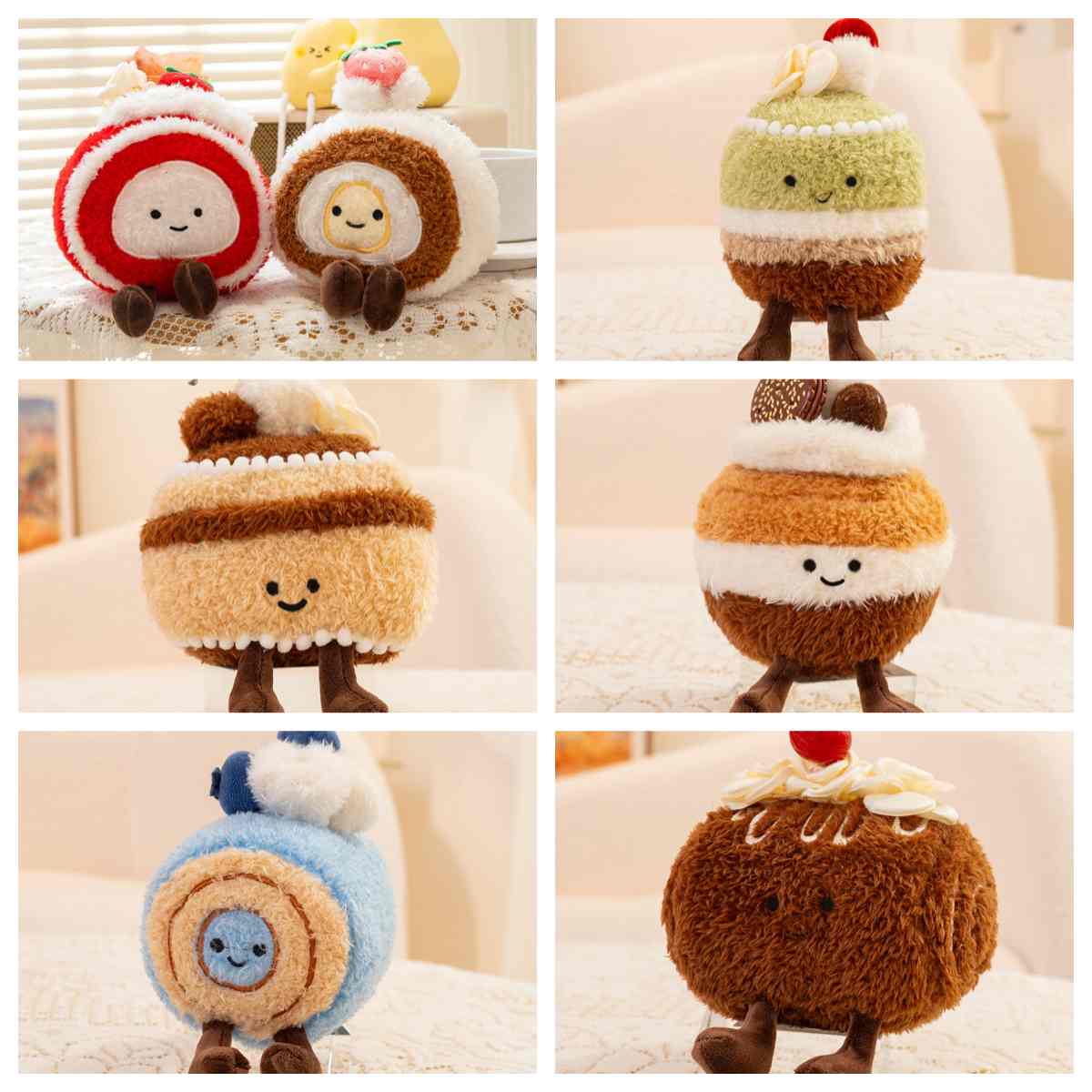 Wholesale kawaii pastry and cake plush assortment featuring swiss rolls and cupcakes for B2B sourcing.