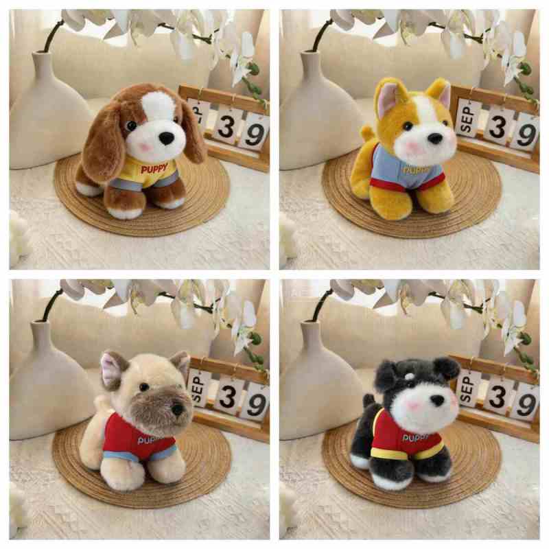 Wholesale kawaii puppy plush toy assortment catalog featuring French Bulldog, Corgi, and Beagle stuffed dogs wearing PUPPY t-shirts for B2B sourcing.