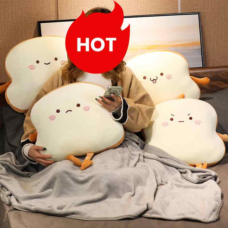 Wholesale kawaii toast plush pillow cushion with cute expressions, perfect for home decor retail and gift shops.