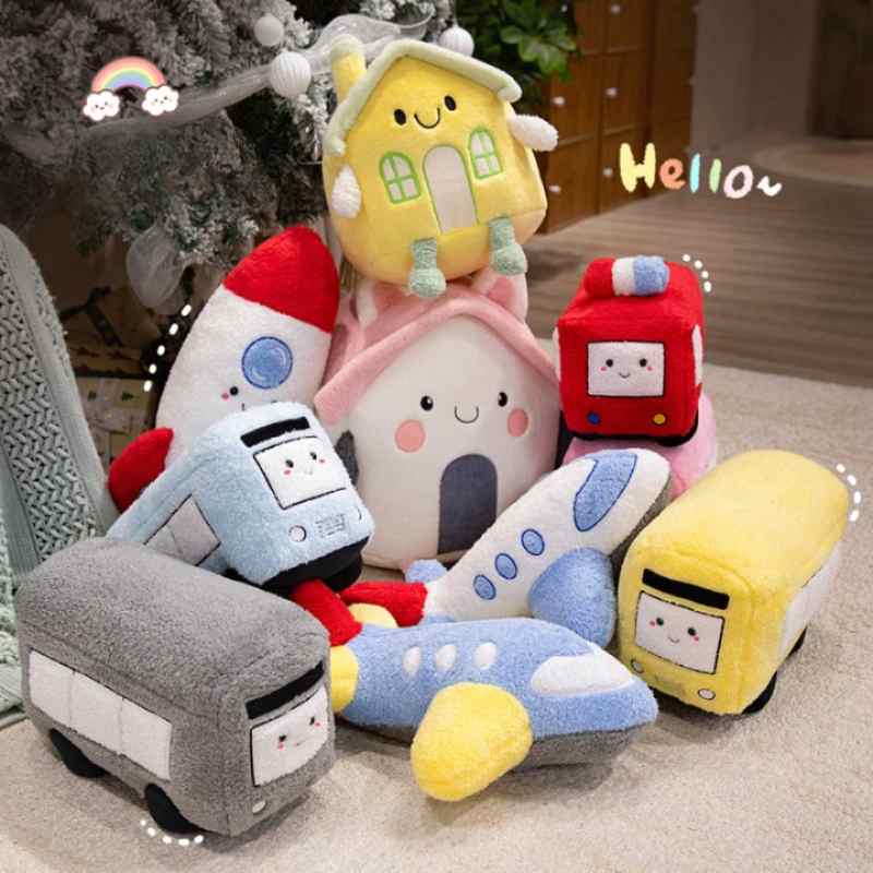 Wholesale assortment of kawaii vehicle, rocket, airplane, and house plush toys for global B2B buyers.