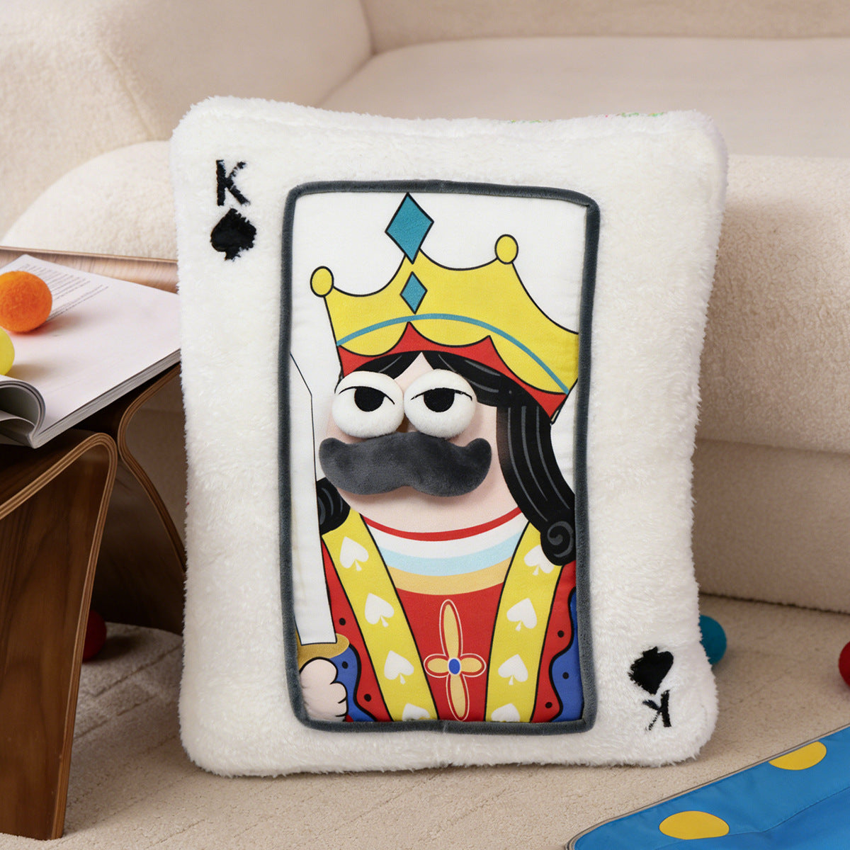 Wholesale King playing card stuffed toy cushion featuring a funny mustache and big eyes, direct factory B2B supply.