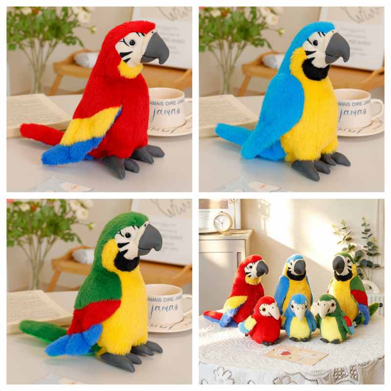 Wholesale Macaw parrot plush assortment catalog featuring red, blue, and green stuffed birds for B2B sourcing.