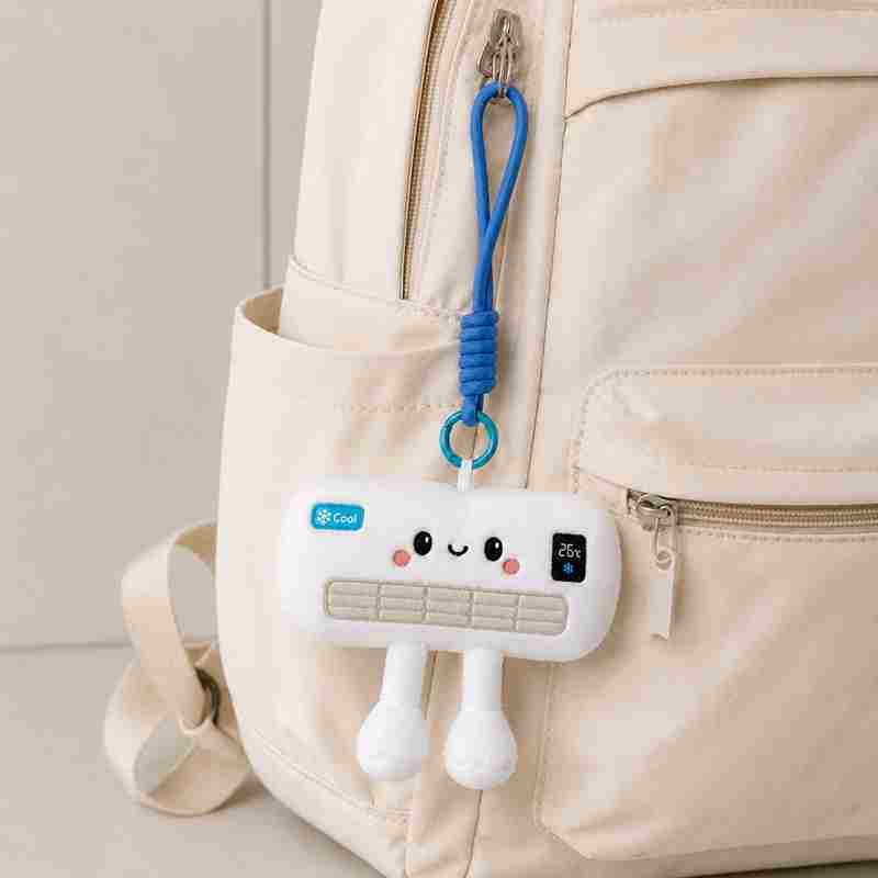 Wholesale novelty AC unit plush bag charm attached to a backpack, a trending accessory for Gen Z retail distributors.