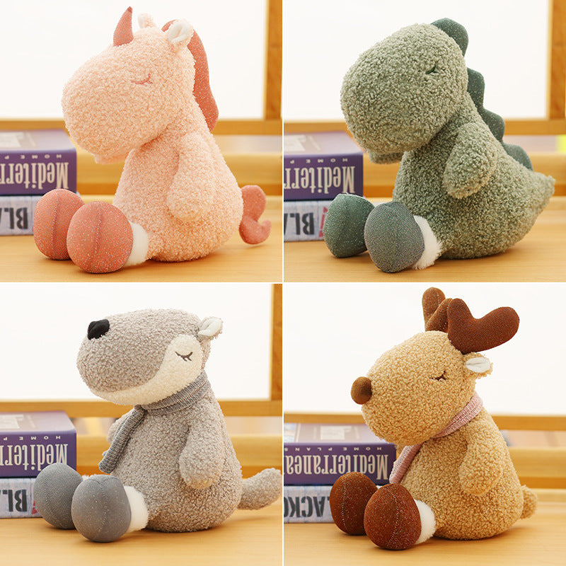 Wholesale pastel fluffy animal plush toy assortment 4-grid catalog featuring unicorn, dinosaur, wolf, and deer for boutique sourcing.
