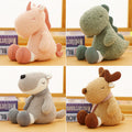 Wholesale pastel fluffy animal plush toy assortment 4-grid catalog featuring unicorn, dinosaur, wolf, and deer for boutique sourcing.