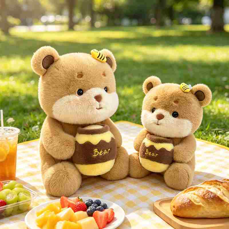 Wholesale picnic teddy bear plushies displayed on a blanket, ready for bulk B2B importers.