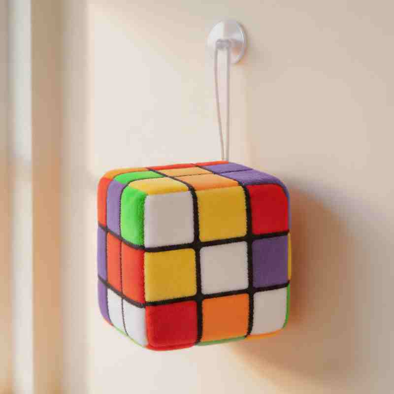 Plush Rubik's puzzle cube toy, a classic geometric claw machine prize for wholesale buyers.