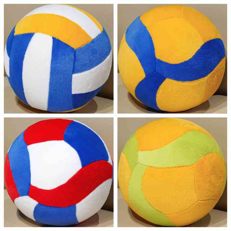Wholesale plush volleyball stuffed cushions in assorted blue, yellow, and red colorways, perfect for custom private label sourcing.