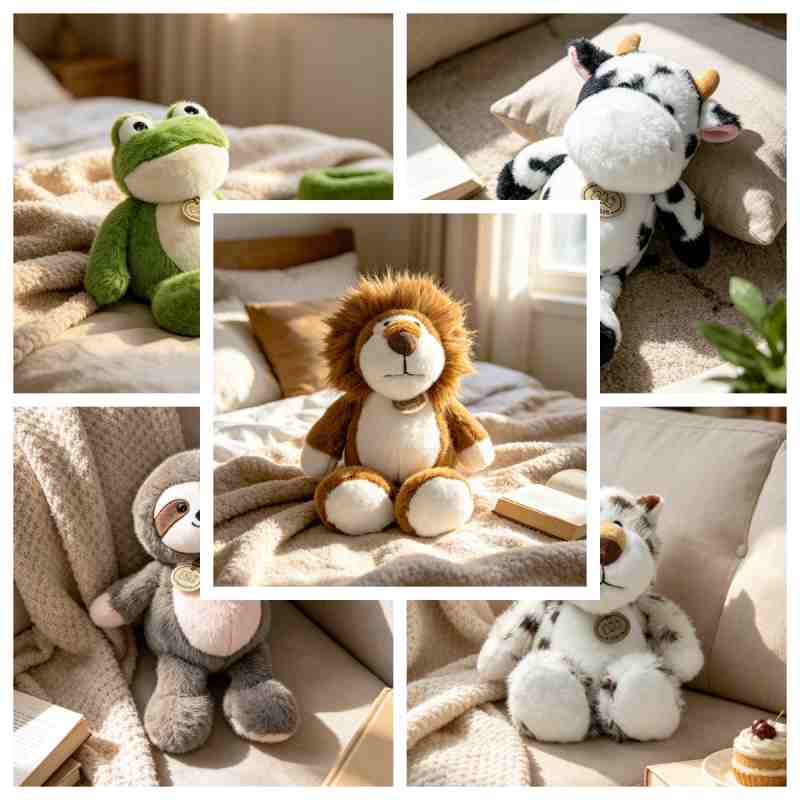Wholesale premium safari and farm animal plush assortment catalog featuring lion, sloth, frog, and cow for custom private label sourcing.