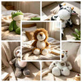 Wholesale premium safari and farm animal plush assortment catalog featuring lion, sloth, frog, and cow for custom private label sourcing.