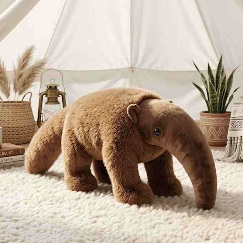 Wholesale realistic anteater plush toy featured in a cozy room, the ultimate woodland stuffed animal for boutique supply.