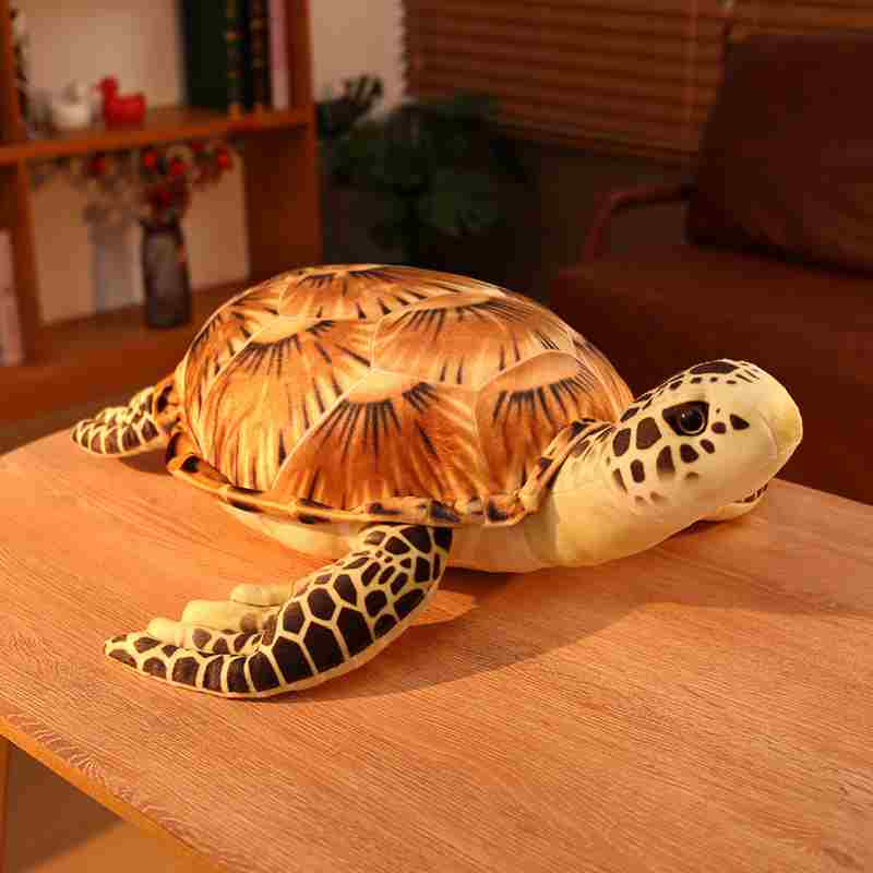 Wholesale realistic brown sea turtle plush toy with 3D shell texture, ideal for aquarium gift shops.