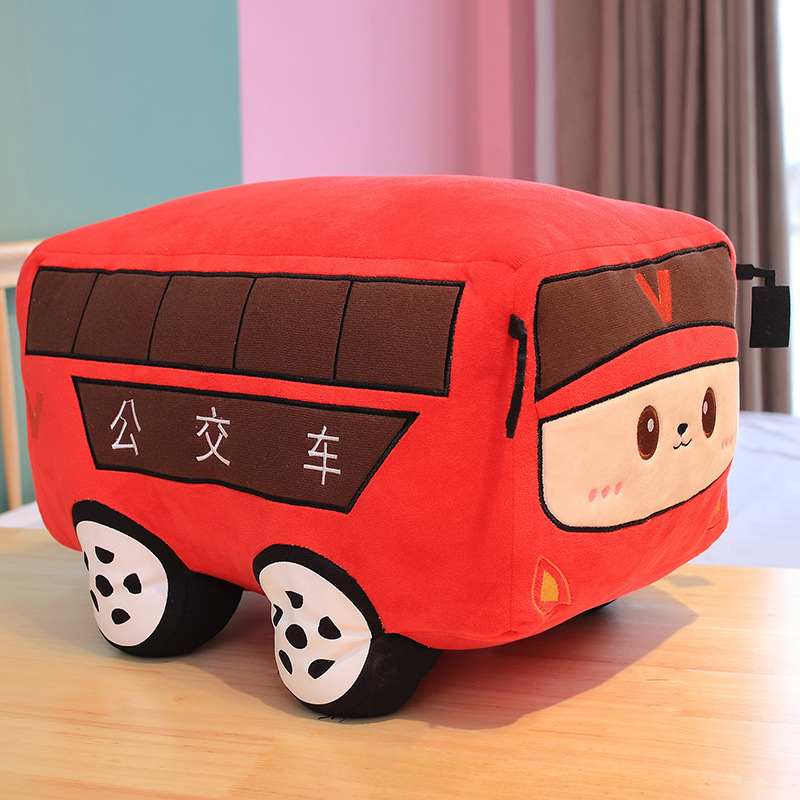 Red city bus plush toy cushion for B2B wholesale and boutique distribution.