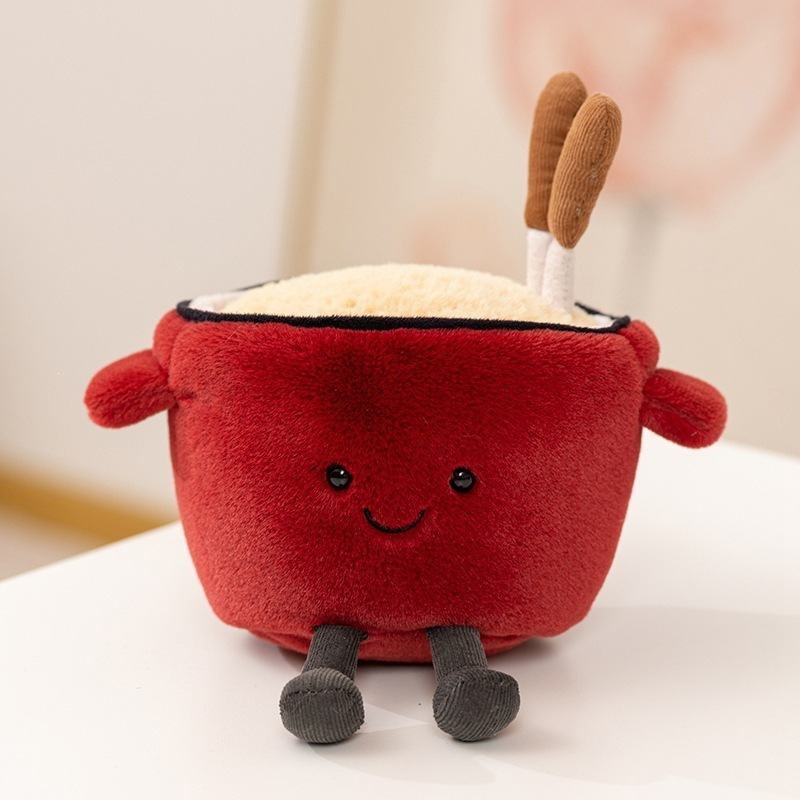 Wholesale smiling red noodle bowl plush toy with plush chopsticks and dangling corduroy legs for toy suppliers.