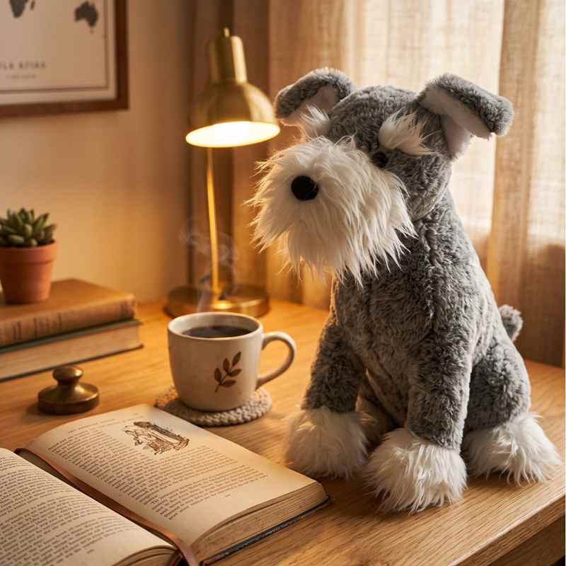 B2B wholesale schnauzer dog plush toy displayed in a cozy reading room setting.