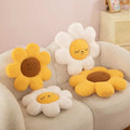 Wholesale smiley flower plush cushion assortment in yellow and white for B2B room decor sourcing.