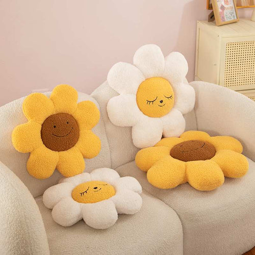Wholesale smiley flower plush cushion assortment in yellow and white for B2B room decor sourcing.