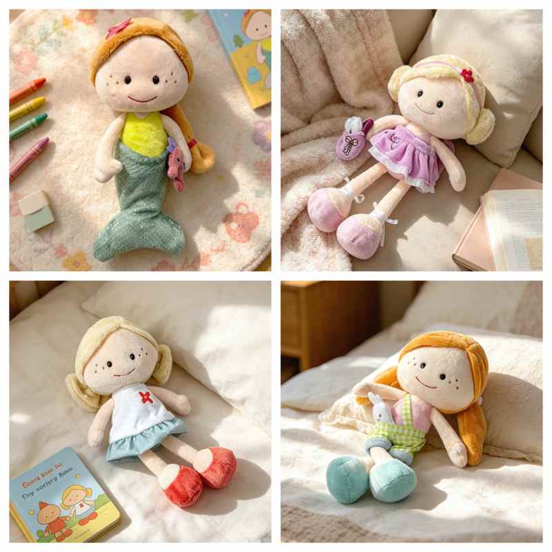 Wholesale soft rag doll plush assortment 4-grid catalog featuring mermaid, dresses, and overalls for boutique sourcing.