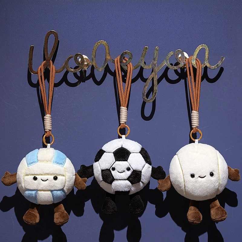 Wholesale sports ball plush keychain assortment including soccer, baseball, and volleyball for B2B sourcing.