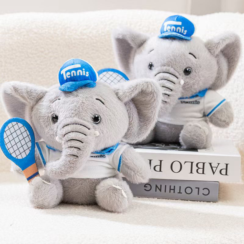 Wholesale tennis elephant plush collection featuring a blue racket and cap, perfect for sports retail supply and boutiques.