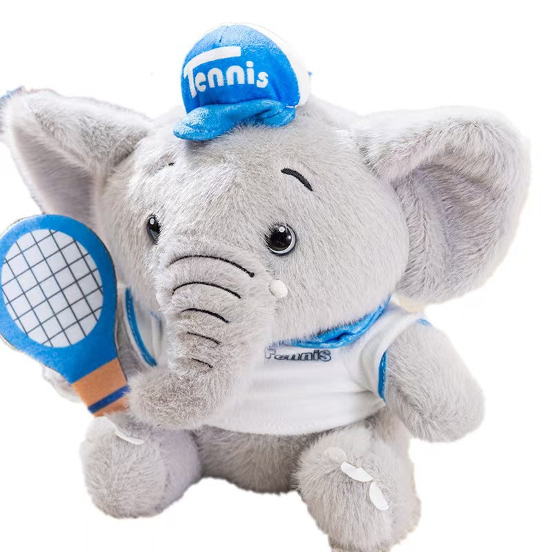 Wholesale tennis player elephant toy with racket and cap, ready for global sports importers and B2B wholesale.
