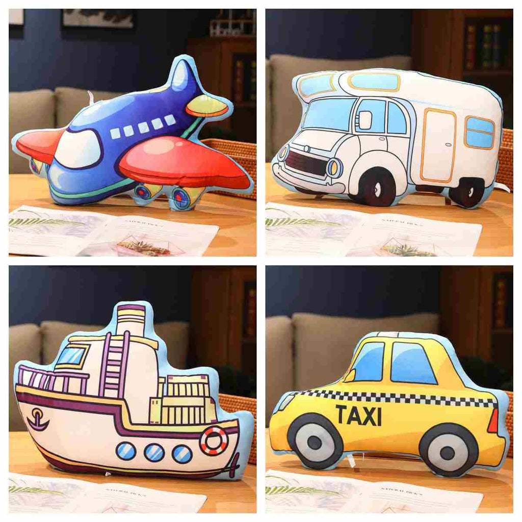 Wholesale transportation vehicle plush pillow assortment including airplanes and ships, ideal for retail and gift shops.