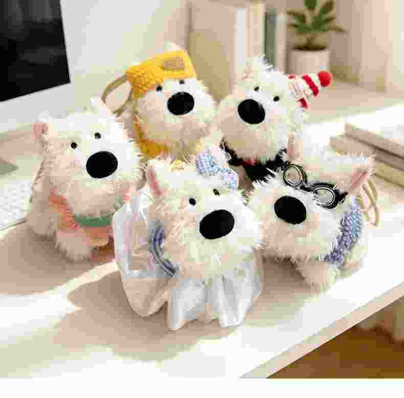 Wholesale trendy white puppy keyring collection featuring cute glasses and hats, ready for B2B wholesale orders.