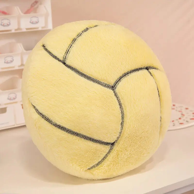 Yellow volleyball plushie cushion soft stuffed sports toy for bulk purchase.